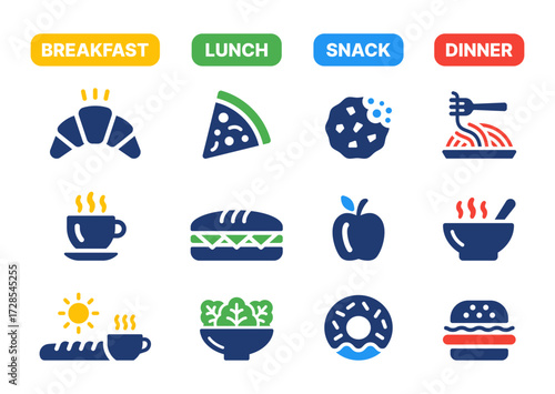All day food with breakfast, lunch, snack and dinner icon set.