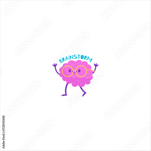 Cartoon Brain Character with Glasses and "Brainstorm" Text – Creativity Concept