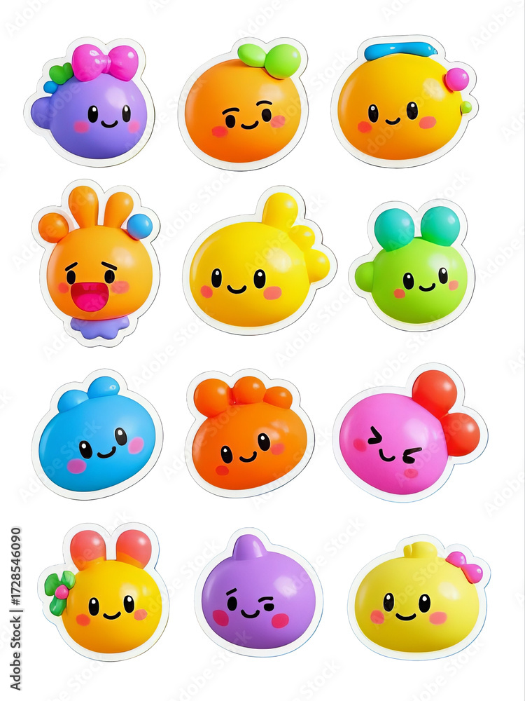Fototapeta premium Cute glossy 3D emoji sticker pack, different facial expressions, kawaii style, isolated, PNG transparent background. Generative AI.