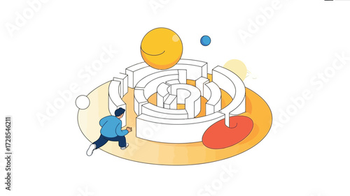 Man navigating a complex maze with abstract shapes and a bright yellow sun overhead symbolizing a challenge or goal
