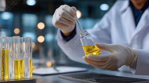 Korean cosmetic chemist’s gloved hands mixing organic serums in a sterile beauty lab eco friendly skincare innovation sustainable cosmetic formulation precision beauty crafting