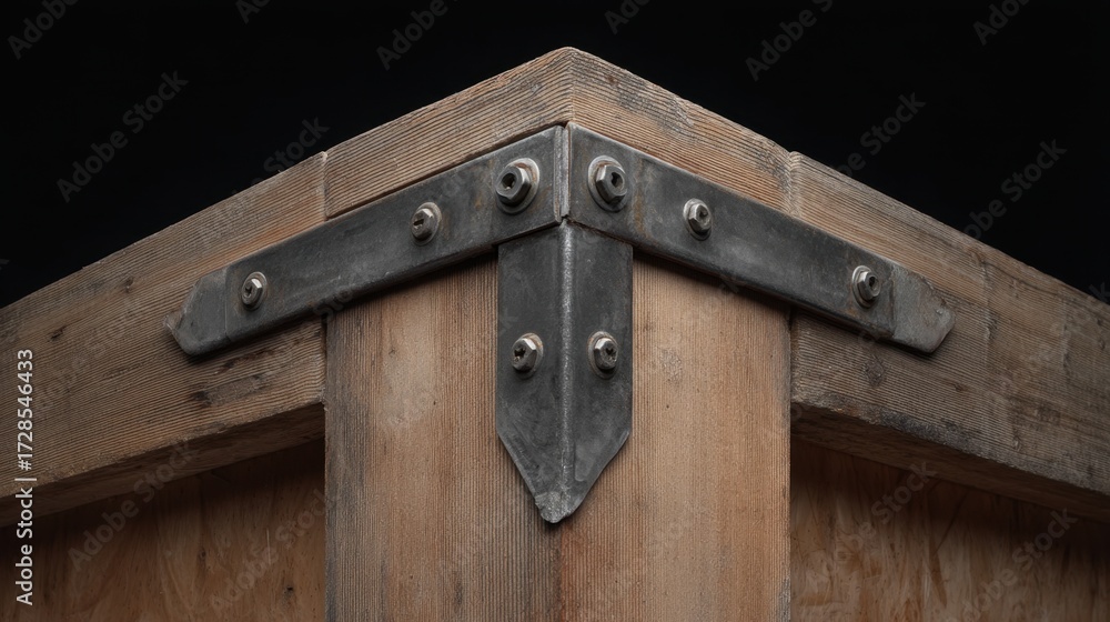 Fototapeta premium Detailed Close-Up of Wooden Corner Joint with Metal Bracket and Screws Against Black Background for Craftsmanship and Architectural Design Inspiration