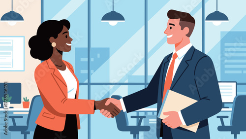 Business handshake and agreement in modern office