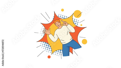Man in a white shirt and blue pants reacting with shock or surprise to an explosion of abstract shapes and lines