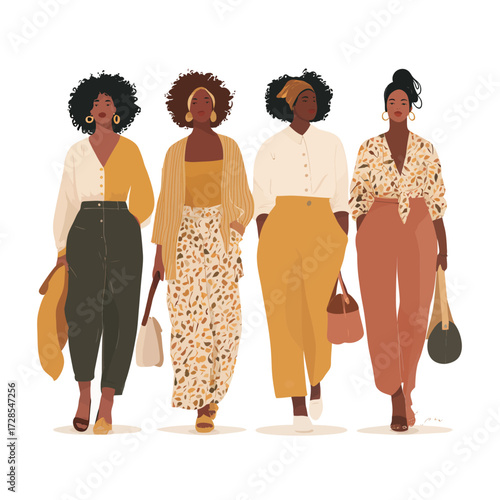 Four stylish women walk confidently, wearing coordinated outfits in various shades of yellow and neutral tones. They express individuality through unique accessories and poses.