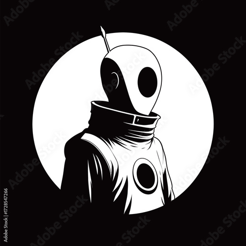 A mysterious character with a helmet and unique suit stands serenely, illuminated by a bright circular light. The scene conveys a sense of wonder and exploration.
