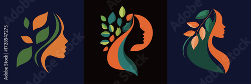 This scene showcases three artistic depictions of feminine profiles, combining hair designs with leaves and nature. Bright colors enhance the visual impact.