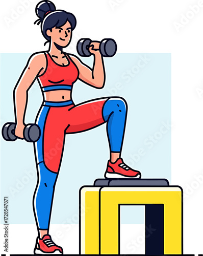 Strong woman character performing step aerobics with weights for a healthy lifestyle workout
