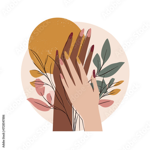 Two hands of different skin tones are placed together, surrounded by colorful leaves and a warm sun. The artwork celebrates diversity and unity in a vibrant setting.