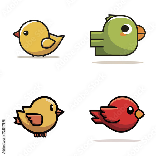 Four cartoon birds display different colors and designs, including yellow, green, and red. Each bird has its own unique features and playful expressions.