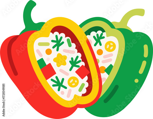 Flat Vector Illustration of Stuffed Bell Peppers with Rice and Vegetables, Red and Green Paprika