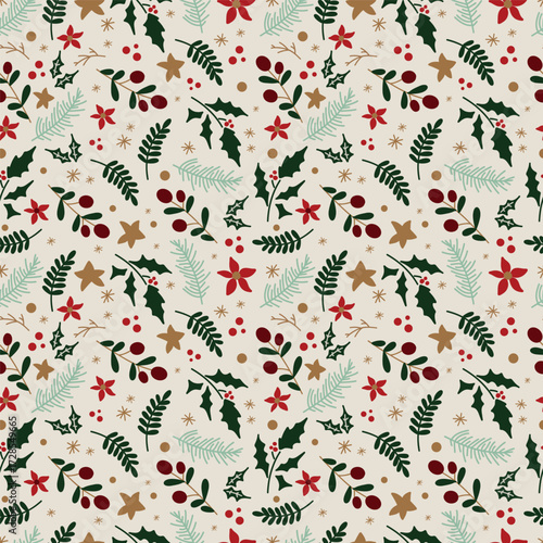 Christmas pattern with green and red leaves, berries. Spruce branches.