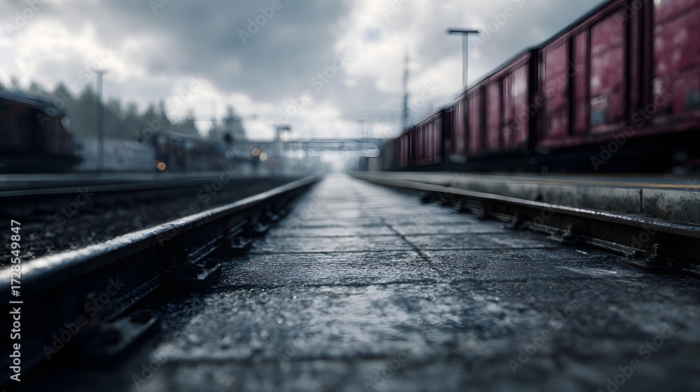 Naklejka premium A wet train station platform with freight trains on cloudy daylight showing railway tracks in sharp focus