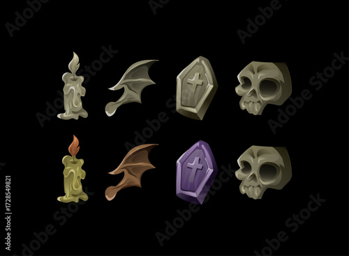 Halloween Icon Pack Skull Coffin Bat Wing Candle Spooky Horror Ui Game Asset Vector Set Gothic Dark Graveyard Scary Creepy Element Illustration Design