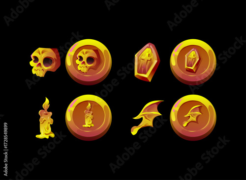 Halloween Gold Icon Pack Skull Coffin Candle Bat Wing Coin Medallion Gothic Spooky Creepy Horror Evil Undead Magic Dark Game Ui Asset Vector Illustration