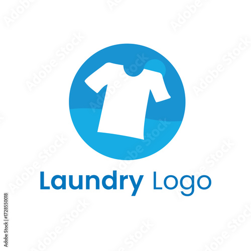 Clean modern vector graphic logo template for laundry and dry cleaning services, featuring a crisp white t-shirt icon in a vibrant blue circle for professional branding