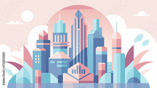 Futuristic city skyline with modern skyscrapers in pastel colors and abstract shapes