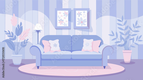 Cozy living room interior with blue sofa, decorative pillows, indoor plants and soft pastel tones