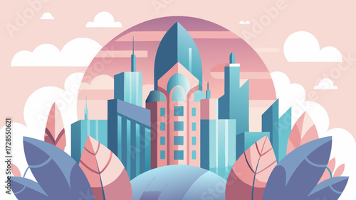 Modern city skyline with futuristic architecture and soft pastel colors framed by abstract plants