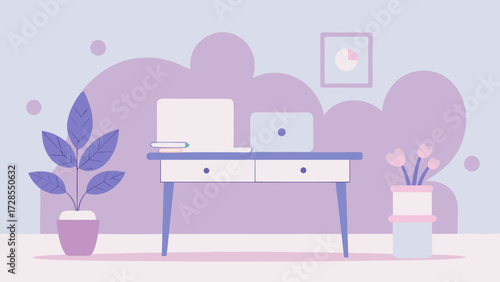 Minimal home office interior with desk, laptops, indoor plants and pastel color palette