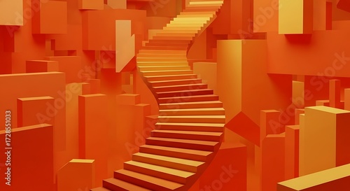 Orange Stairway Through Abstract Cityscape.