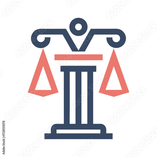 Blue and coral scales of justice icon on white background balance court