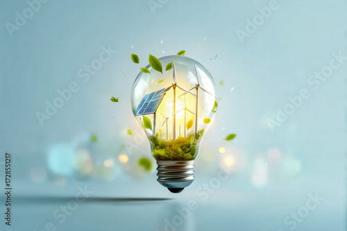 Embrace sustainable energy solutions with a modern lightbulb design featuring solar panels and wind turbines for a brighter, greener future and eco-friendly innovation