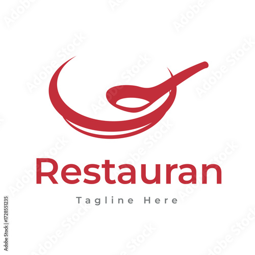 A sleek and modern graphic logo design for a restaurant or food business, featuring a minimalist red bowl and spoon icon, perfect for culinary branding and eatery visual identity