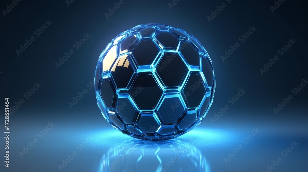 Naklejka premium 3d vector sphere of energy shield hexagon tiles illuminated from within casting gentle reflections on blue plane
