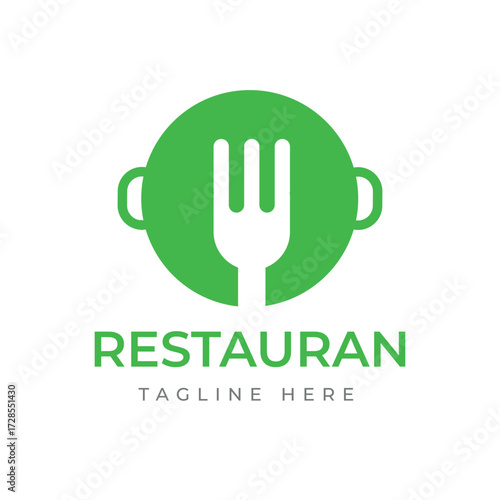 Simple and engaging green logo template featuring a clever integrated fork and cooking pan design, perfect for diverse restaurant, culinary, and eatery brands
