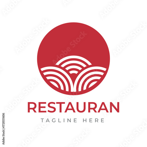 Modern minimalist red circle wave restaurant logo design, suitable for Japanese or Asian cuisine branding, presenting a clean and elegant graphic icon concept