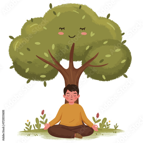 A cheerful and calming illustration depicting a man practicing mindfulness meditation under a friendly, smiling tree in a peaceful natural setting, promoting spiritual well-being and inner harmony