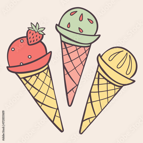 Three ice cream cones with strawberry, green, and yellow flavors on light background