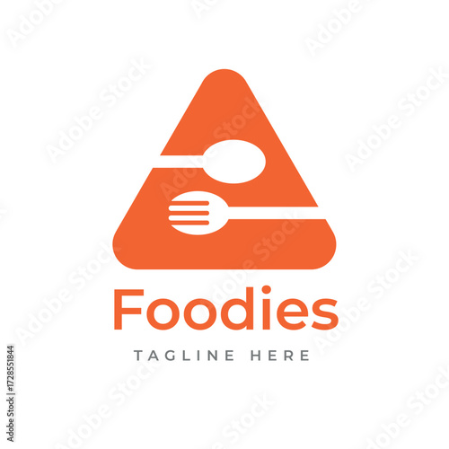 Vibrant culinary logo design showcasing a stylized spoon and fork within an orange triangular graphic, creating a modern brand identity for food-related ventures
