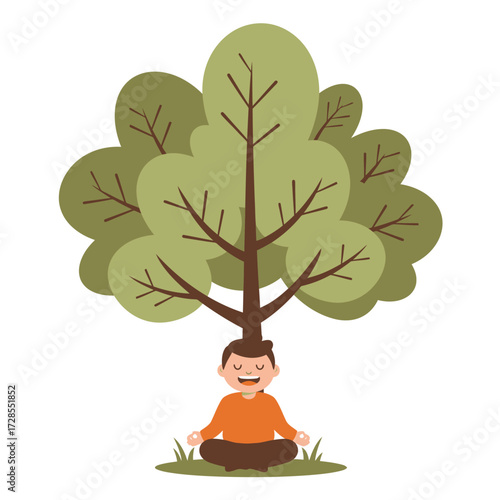 Peaceful man meditating outdoors under a flourishing tree, symbolizing mental well-being, spiritual calm, and connection with nature