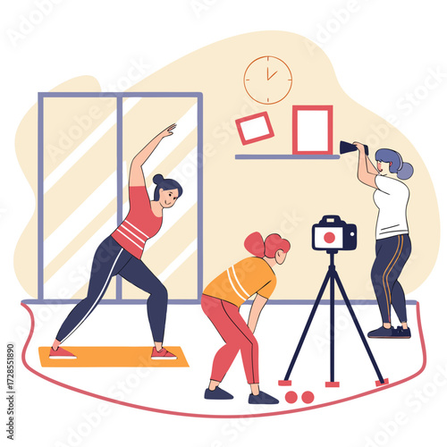 Online fitness class being filmed with a camera and a person holding a lamp