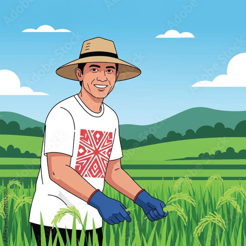 Illustration of a smiling farmer in a rice field wearing a hat.