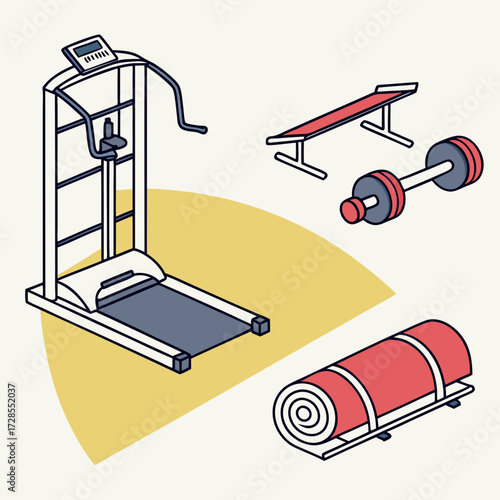 Isometric view of treadmill, bench, dumbbell, and yoga mat