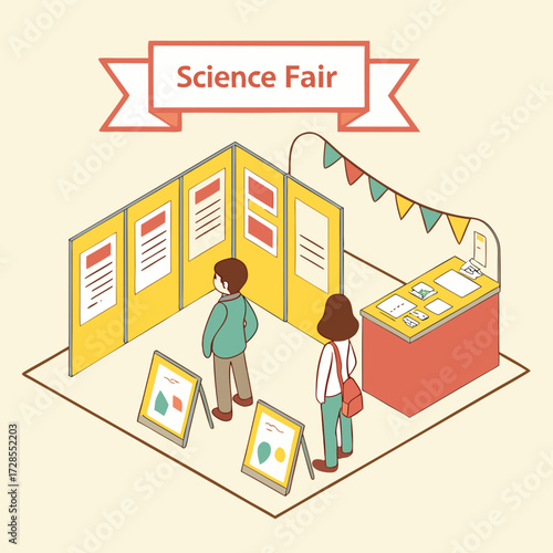 Isometric illustration of a science fair with students