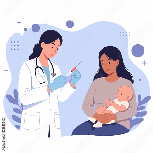A doctor in a white coat and blue gloves prepares to give a baby a vaccination while the mother holds the infant.