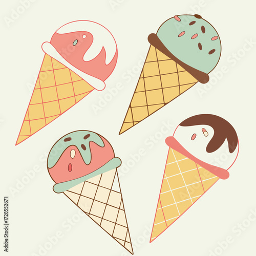Four ice cream cones with different flavors and toppings on a light background