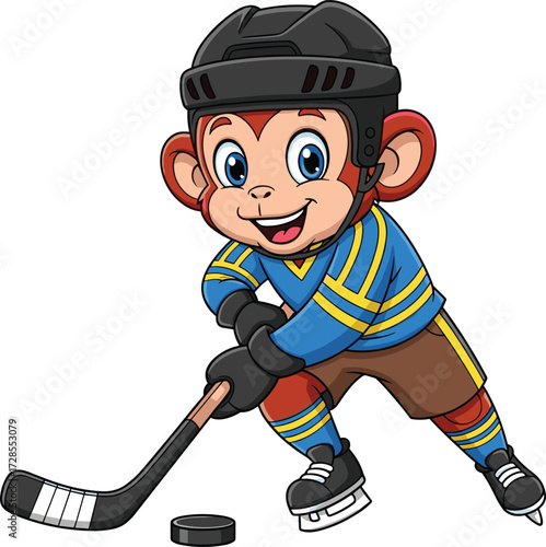 Cartoon monkey playing ice hockey, cute animal character in uniform, smiling chimp with stick, helmet, puck, sports mascot vector illustration