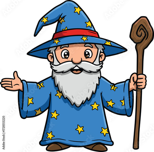 Cartoon wizard character holding magic staff, old bearded sorcerer in blue robe and hat, fantasy magician illustration for fairy tale stories