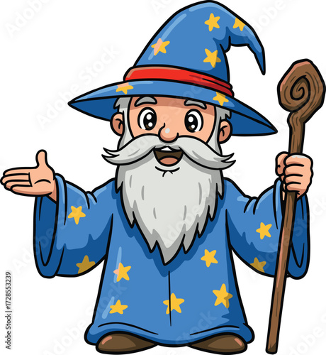 Cartoon wizard character with magic staff, old bearded sorcerer in blue robe and hat, fantasy magician illustration for story, fairy tale
