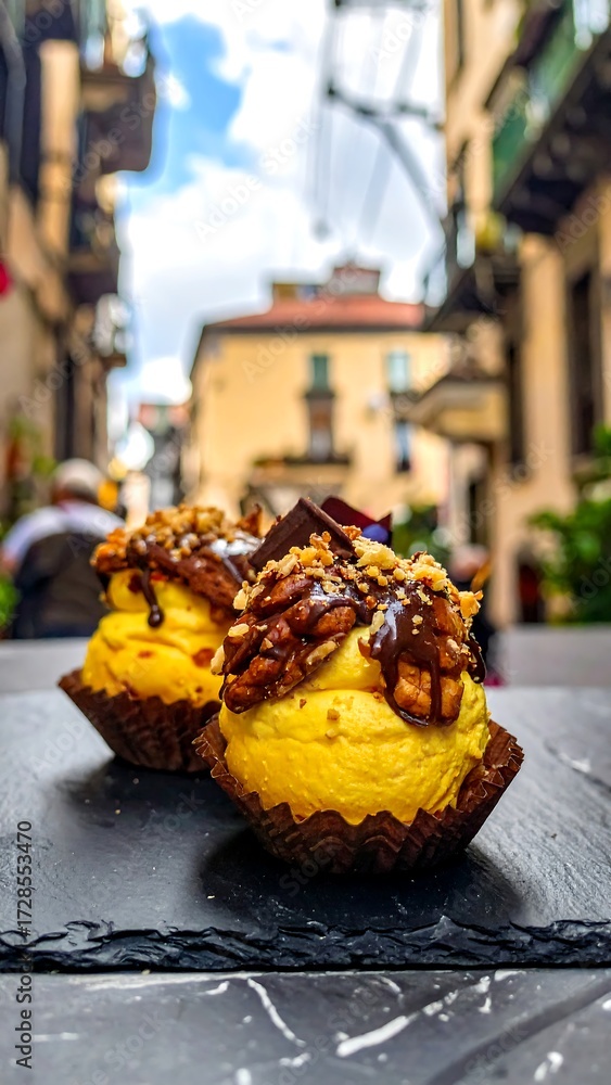 Fototapeta premium Yellow pastries with chocolate and nuts on a dark surface, urban background