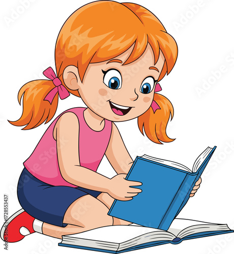 Cute cartoon girl with orange hair reading book, happy child studying, adorable kid education character illustration for school, learning, knowledge