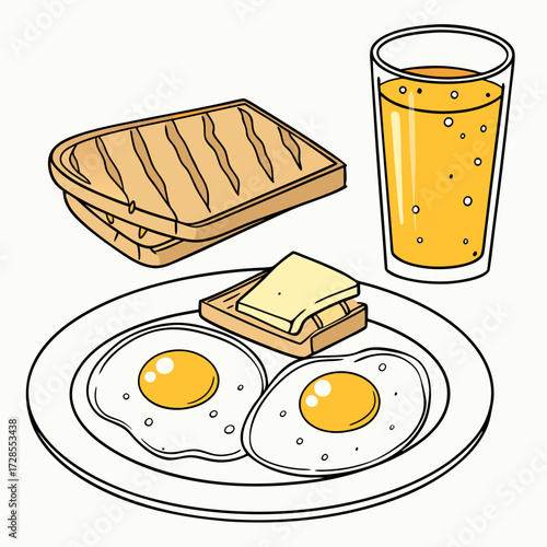 Breakfast plate with eggs, toast, and juice