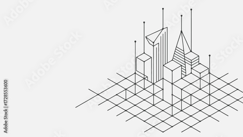 Abstract isometric line drawing of a futuristic city skyline with grid pattern background representing urban planning and architecture