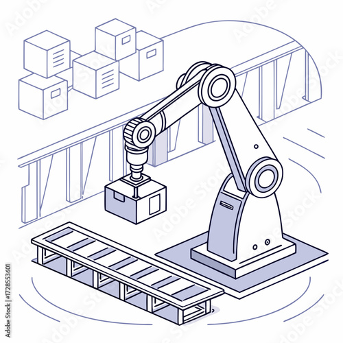 Automated robotic arm lifting a box in a modern warehouse setting
