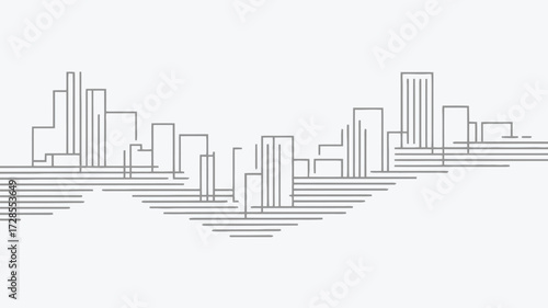 Minimalist architectural sketch of a modern city skyline with abstract geometric buildings and horizontal lines representing water or ground